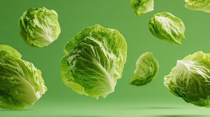 Fototapeta premium A picture of lettuce leaves flying fresh on a green studio background