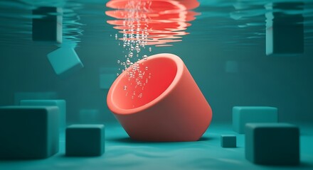 Abstract shot of a bright orange object submerged in murky water surrounded by dark cubes creating an artistic and moody scene
