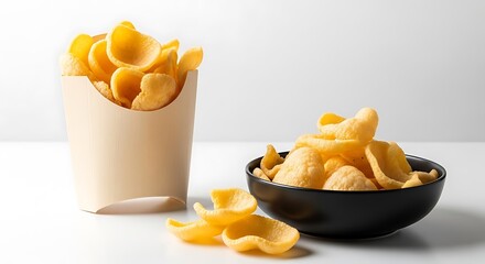 Delicious golden potato fries served in a paper cone and a bowl for a delightful snack