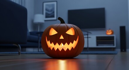 Scary jack-o'-lantern glowing with eerie light on a table in a dimly lit room at night
