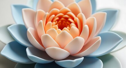Macro shot of a delicate light blue and peach succulent flower opening with intricate petals in soft natural lighting