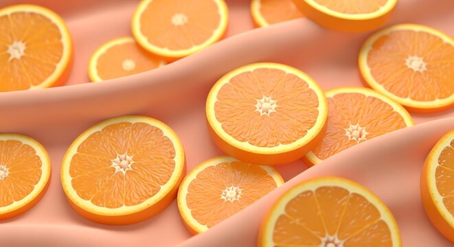 Vibrant sliced oranges scattered on soft peachy fabric for refreshing citrus theme