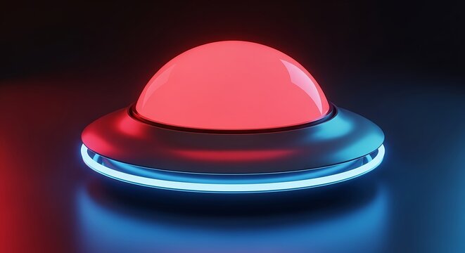 Illuminated red button with neon blue led ring on reflective surface