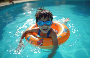 Smiling Indian boy swims with orange inflatable ring in blue swimming pool. Boy wears goggles and swimming costume, enjoys hot summer vacation splashing water. Active childhood fun, recreation.