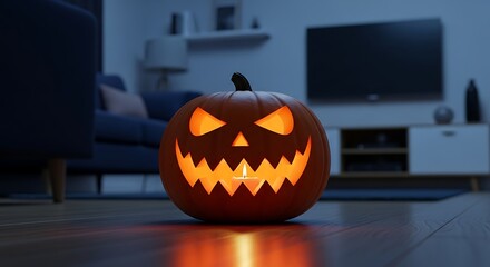 Spooky halloween jack o lantern with glowing orange face lit from within in a dimly lit room
