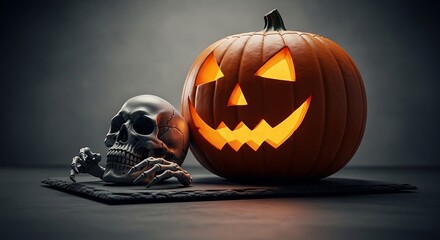 Spooky halloween jack-o-lantern with a grim skull illuminated for a frightful night
