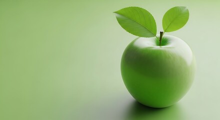 Fresh green apple with two leaves symbolizing growth health and nature with copy space