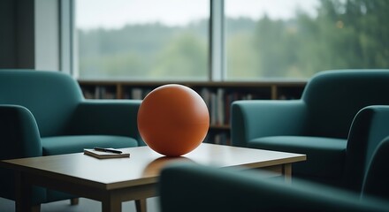 Modern meeting room with orange orb accent and comfortable seating arrangement ready for collaboration