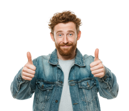 Smiling man gives thumbs up portrait positive vibes isolated on transparent background