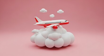 Whimsical airplane ride concept with fluffy clouds and sweet strawberry on a pastel pink background