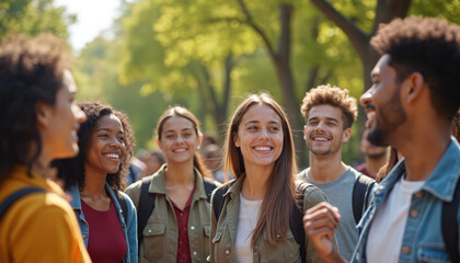 Diverse group of happy students on college campus tour led by knowledgeable guide. Multicultural youth excited for academic exploration, future learning. Friends walking together, experiencing