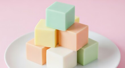 Obraz premium Stack of pastel colored small cakes or sweets on a white plate with a soft pink background
