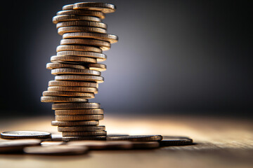 Unstable stack of coins on wooden surface with dramatic lighting, symbolizing financial risk, instability, and economic uncertainty
