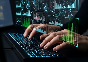 Data analysis and digital information processing with glowing charts