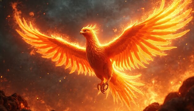 Mythical phoenix bird reborn from flames and ashes. Creature features detailed fiery texture with spread wings. Represents rebirth, hope, and transformation in fantasy art.