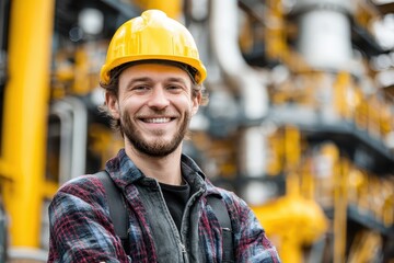 Young engineer in hardhat smiles confidently at oil facility during daytime surrounded by industrial equipment and vibrant yellow structures