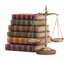 Legal books and scales of justice library still life isolated on transparent background