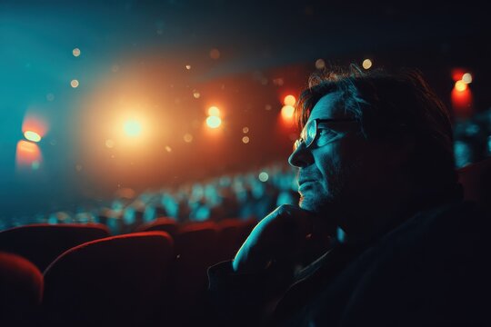 Displeased moviegoer watching a film in a dimly lit theater with colorful lights at night