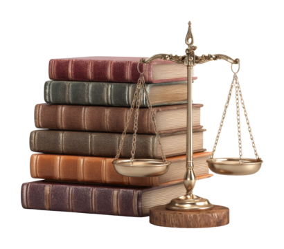 Legal books and scales of justice library still life isolated on transparent background