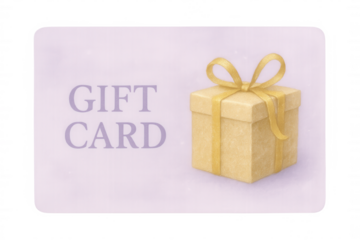 Golden gift card nestled beside wrapped present, yellow ribbon adorning purple transparent surface, representing retail shopping theme