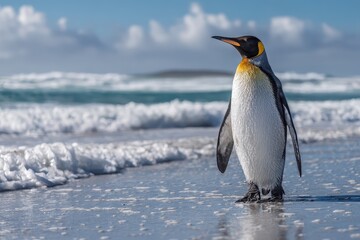Fototapeta premium Big king penguin prepares to enter the blue waters of the Atlantic Ocean on a sunny day along the coastal shore