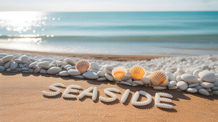 Seaside spelled out in stones on a sandy beach with gentle waves