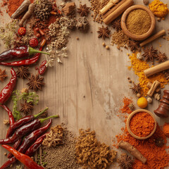 Spices and herbs on wooden background