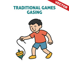 Traditional Games Gasing (Spinning Top) with Child Spinning a Top
