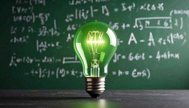 Glowing green lightbulb on dark surface against a chalkboard filled with mathematical equations - Powered by Adobe