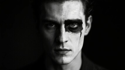 Obraz premium Dramatic Black and White Face Portrait with Bold Makeup for Artistic Monochrome Photography