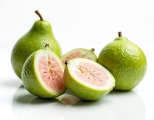 Whole, halved green guavas with pink flesh shown in isolation against white background. Offers visual appeal for healthy eating, tropical fruit, juice concepts. Juicy fruit vitamins, freshness.