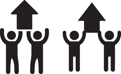 Two pairs of stick figures holding up arrows silhouette