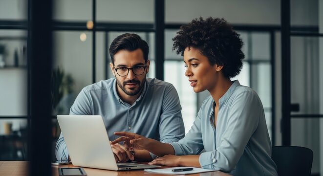 Two diverse business colleagues collaborating on a project, analyzing data on a laptop in a modern office
