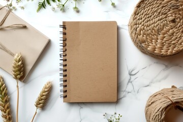 Recycled paper notebook mockup with eco-friendly stationery, minimalist composition.
