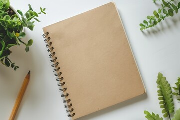 Recycled paper notebook mockup with eco-friendly stationery, minimalist composition.