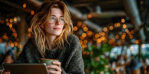 Contemplative Woman with Coffee and Tablet in Bokeh-Lit Cafe