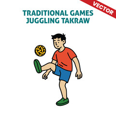 Vector Illustration of Kids Engaged in Traditional Juggling Takraw Game, Kicking Ball in Dynamic Action