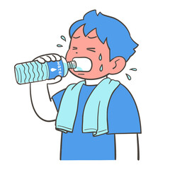 水筒から勢いよく水を飲む男の子