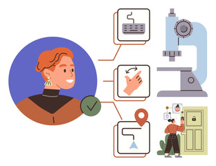 Profile verification with checkmark, keyboard interface, approval gesture, location pin, lab microscope, user accessing door. Ideal for security, science, identity validation authentication