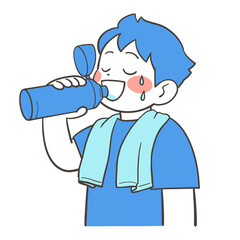 水筒で水を飲む男の子