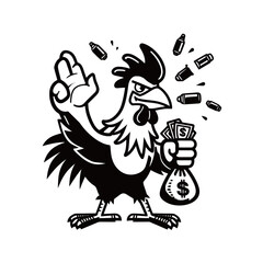 A vibrant rooster character stands confidently, raising one wing in a gesture. It clutches a money bag in the other wing, surrounded by flying bullets, creating a dynamic and engaging visual.