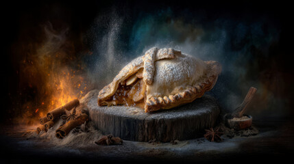 A rustic apple hand pie with a golden flaky crust, dusted with powdered sugar and surrounded by cinnamon sticks, styled against a moody firelit backdrop.
