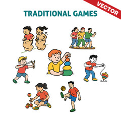Traditional games with children playing tug-of-war, stacking cans, and balancing activities in a lively and fun setting, showcasing the spirit of teamwork and outdoor play.