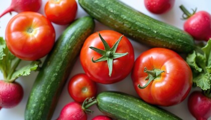 Fresh tomatoes, cucumbers, radishes arranged on white surface. Vibrant red tomatoes, green cucumbers with crisp radishes create colorful, healthy composition. Ideal for recipes, salads, promoting