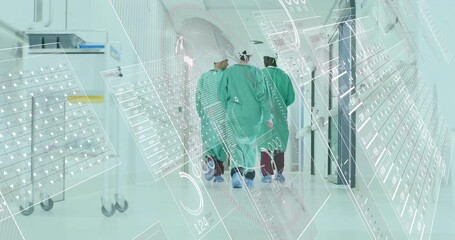 Surgeon team walking hospital hall activating data panels appearing fading around toward doors - Powered by Adobe