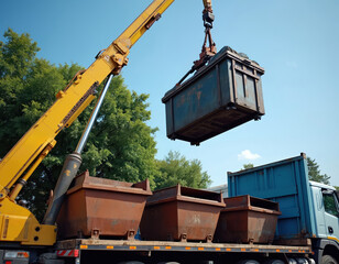 Heavy machinery lifts large metal container onto truck bed. Crane operator secures load. Workers use slings, hooks for industrial transport, waste management services. Heavy duty equipment ensures