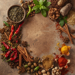 Spices and herbs on wooden background