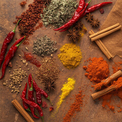 Spices and herbs on wooden background
