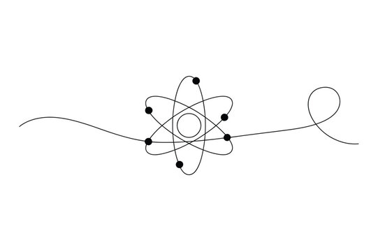 Abstract minimalist line art illustration of a stylized atom with orbiting electrons and a swirling decorative line element