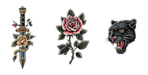 Detailed Illustrations of Sword, Rose and Panther on Transparent Background